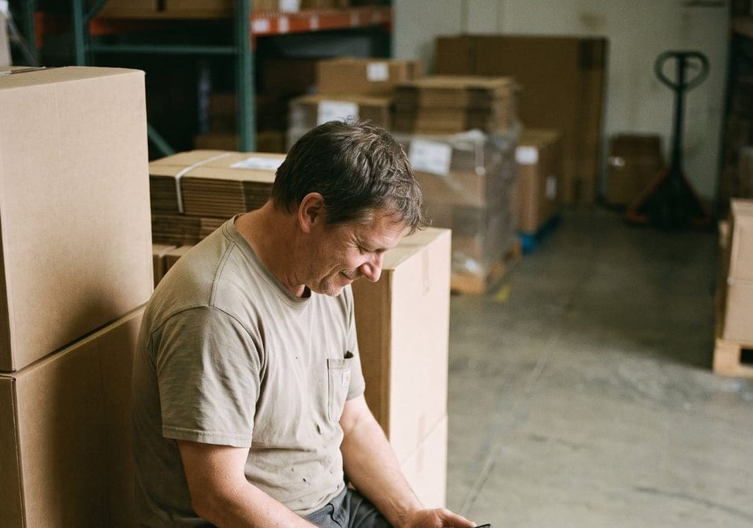Warehouse worker checking his pay on his phone