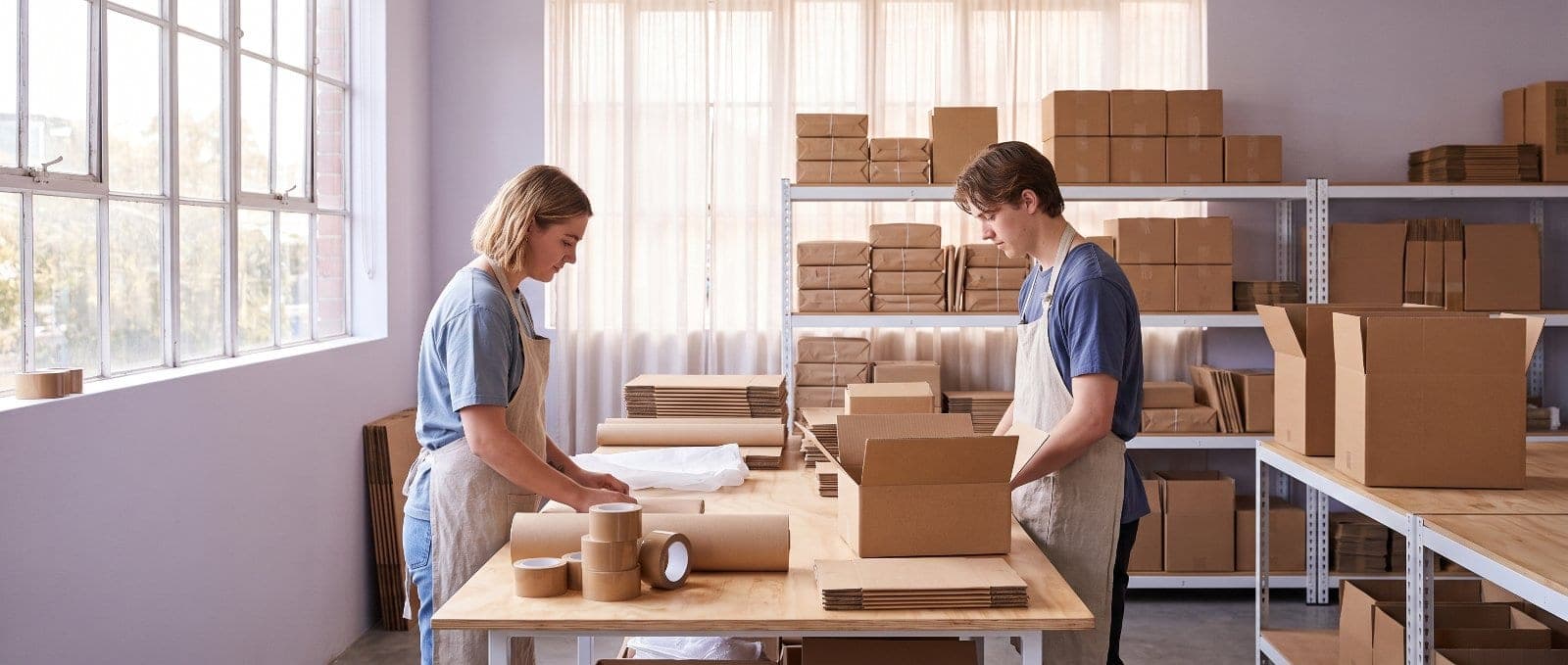 Team packing ecommerce orders in a small warehouse